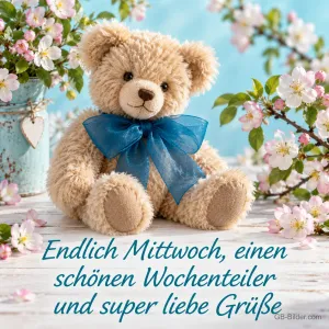 Teddybär mit blauer Schleife zwischen Kirschblüten, Text: Endlich Mittwoch, einen schönen Wochenteiler und super liebe Grüße
