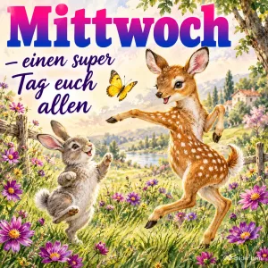 Rehkitz und Hase tanzen auf einer Blumenwiese, Text: Mittwoch – einen super Tag euch allen