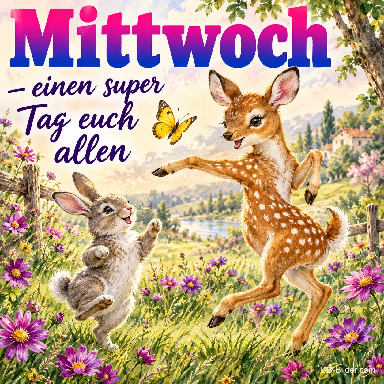 Rehkitz und Hase tanzen auf einer Blumenwiese, Text: Mittwoch – einen super Tag euch allen