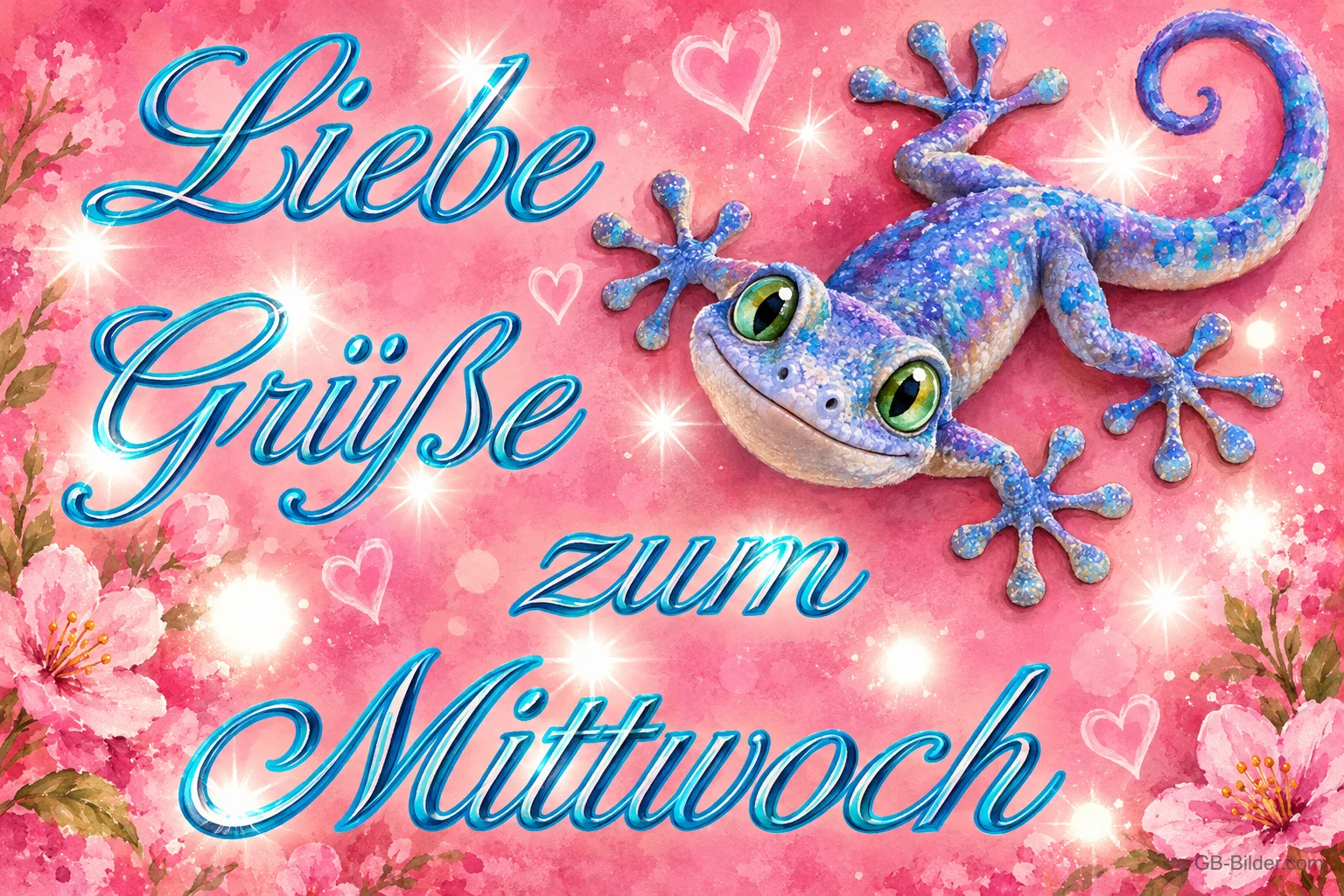 Glitzernder blauer Gecko auf rosa Hintergrund mit Blüten, Text: Liebe Grüße zum Mittwoch