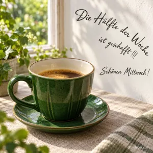 Grüne Kaffeetasse auf einer Fensterbank, Text: Die Hälfte der Woche ist geschafft!!! Schönen Mittwoch!