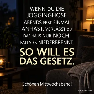 Gemütliches Wohnzimmer mit Sessel, Decke und Lampe am Abend, Text: WENN DU DIE JOGGINGHOSE ABENDS ERST EINMAL ANHAST, VERLÄSST DU DAS HAUS NUR NOCH, FALLS ES NIEDERBRENNT. SO WILL ES DAS GESETZ. Schönen Mittwochabend!