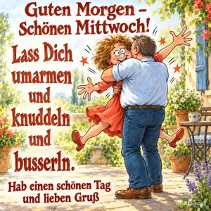 Mann umarmt eine Frau so fest, dass ihre Beine in die Luft fliegen, Text: Guten Morgen – Schönen Mittwoch! Lass Dich umarmen und knuddeln und busserln. Hab einen schönen Tag und lieben Gruß
