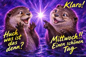 Zwei staunende Otter im lila Wasser vor einem hellen Lichtstern, Text: Klaro! Huch was ist das denn? Mittwoch!! Einen schönen Tag