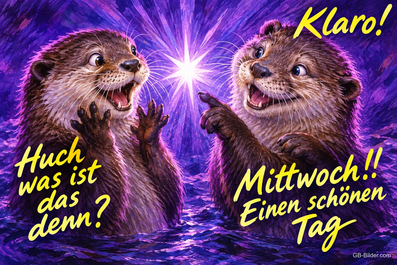 Zwei staunende Otter im lila Wasser vor einem hellen Lichtstern, Text: Klaro! Huch was ist das denn? Mittwoch!! Einen schönen Tag