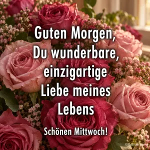 Pinke Rosen und Schleierkraut, Text: Guten Morgen, Du wunderbare, einzigartige Liebe meines Lebens – Schönen Mittwoch!