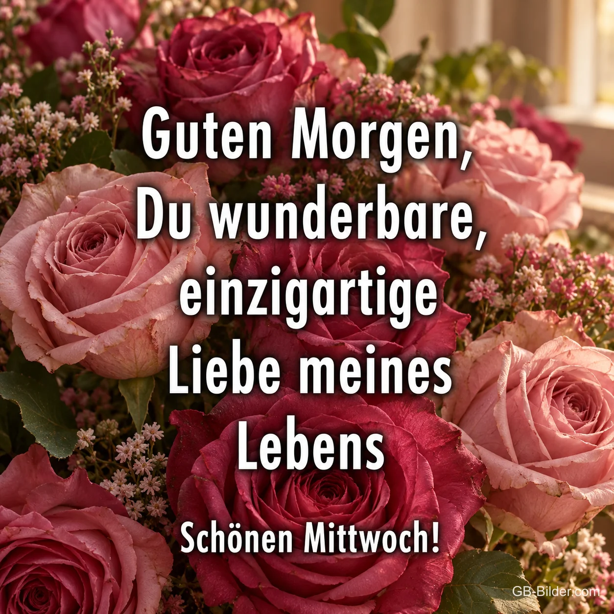 Pinke Rosen und Schleierkraut, Text: Guten Morgen, Du wunderbare, einzigartige Liebe meines Lebens – Schönen Mittwoch!