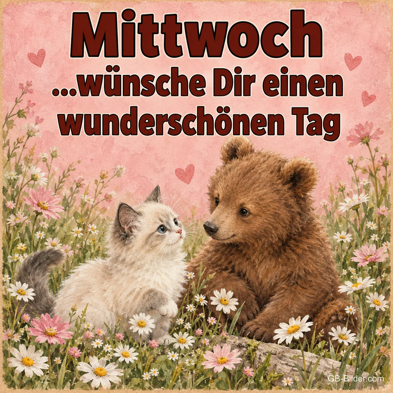 Kätzchen und Bärenjunges auf einer Blumenwiese, Text: Mittwoch … wünsche dir einen wunderschönen Tag