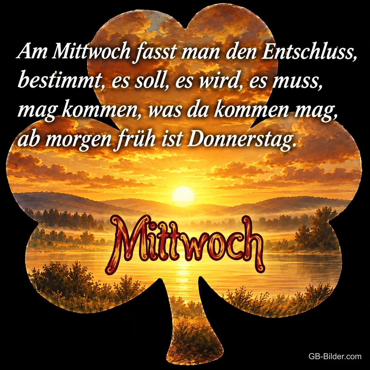 Sonnenuntergang über einem See in Kleeblattform, Gedicht: Am Mittwoch fasst man den Entschluss
