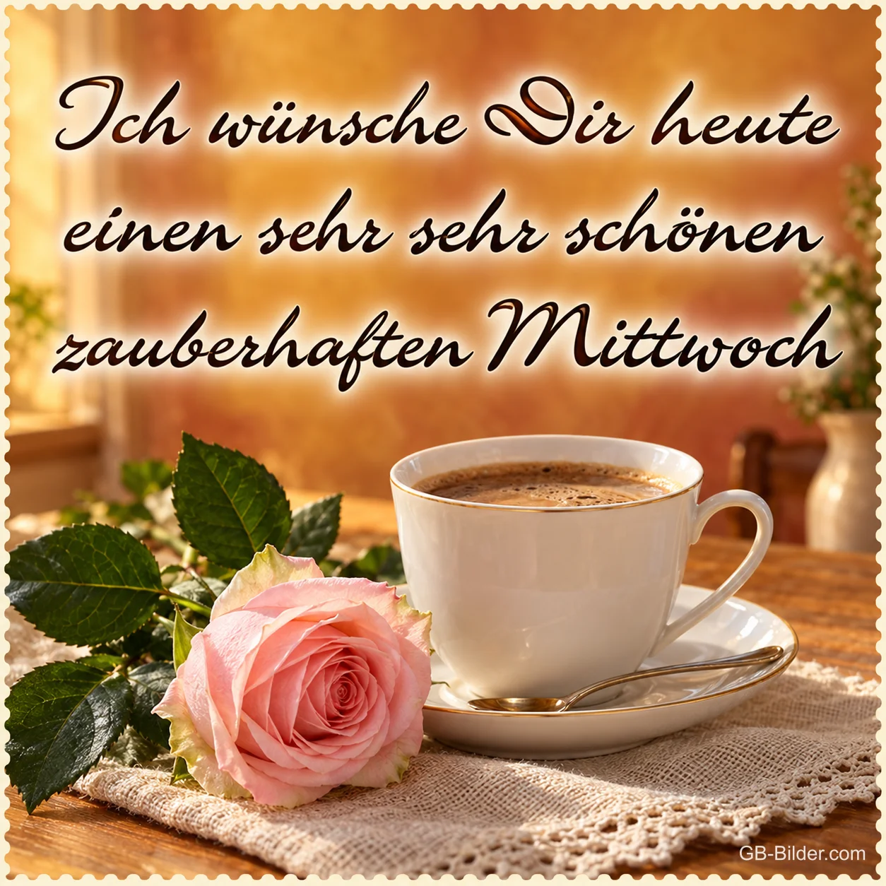 Kaffeetasse mit rosa Rose, Text: Ich wünsche dir heute einen sehr sehr schönen zauberhaften Mittwoch