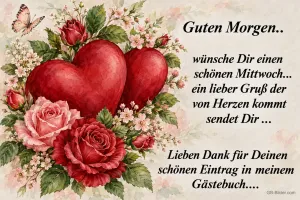 Rote Herzen und Rosen, Text: Guten Morgen, wünsche Dir einen schönen Mittwoch. Lieben Dank für Deinen Eintrag in meinem Gästebuch