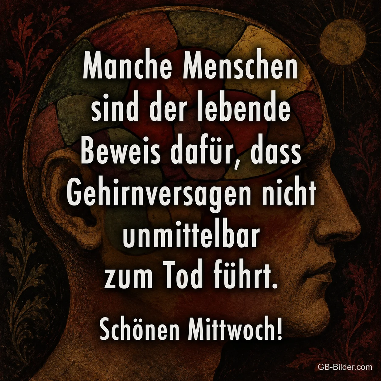 Kopf mit bemalten Gehirnregionen, lustiger Spruch, Schönen Mittwoch!