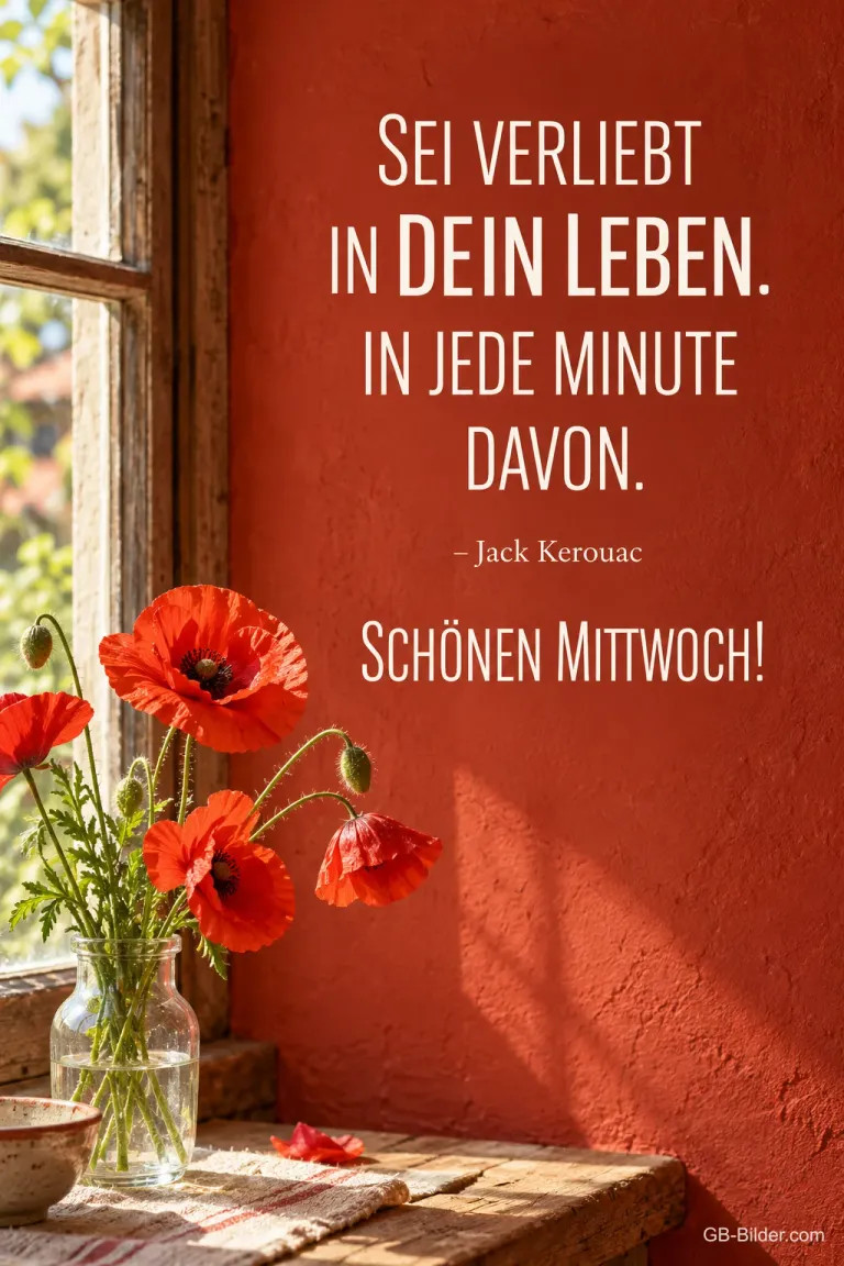 Mohnblumen am Fenster, Zitat Jack Kerouac, Text: Sei verliebt in dein Leben