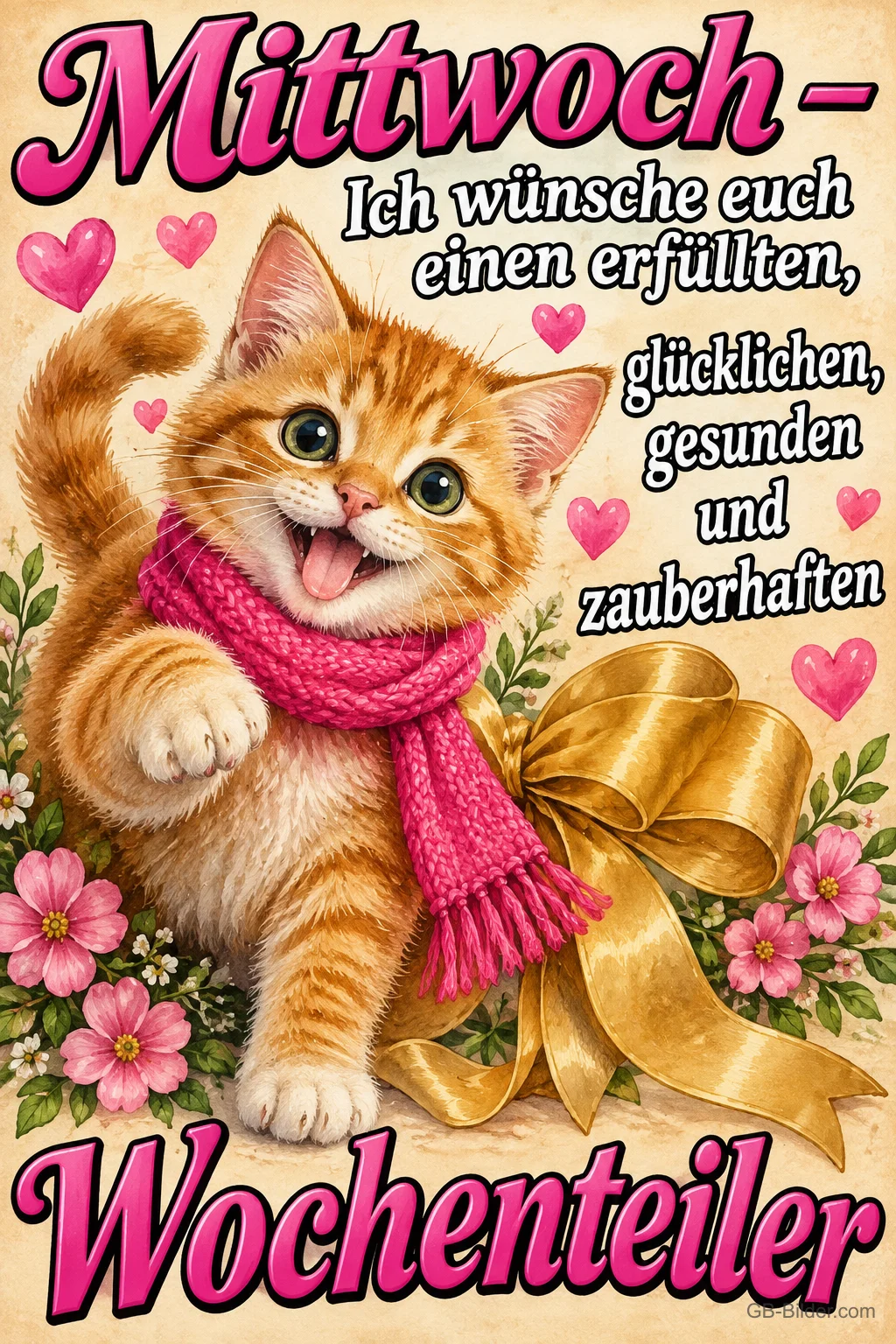 Rotes Kätzchen mit pinkem Schal hüpft neben einer goldenen Schleife, Text: Mittwoch – Ich wünsche euch einen erfüllten, glücklichen, gesunden und zauberhaften Wochenteiler