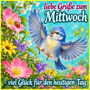 Blauer Vogel fliegt durch Wildrosen und Glockenblumen, Text: liebe Grüße zum Mittwoch – viel Glück für den heutigen Tag