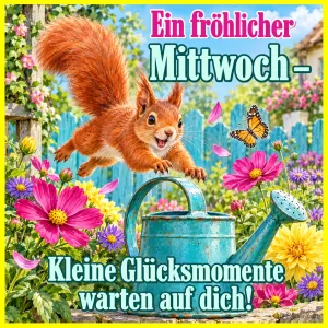 Eichhörnchen springt über eine Gießkanne zwischen bunten Blumen, Text: Ein fröhlicher Mittwoch – Kleine Glücksmomente warten auf dich!