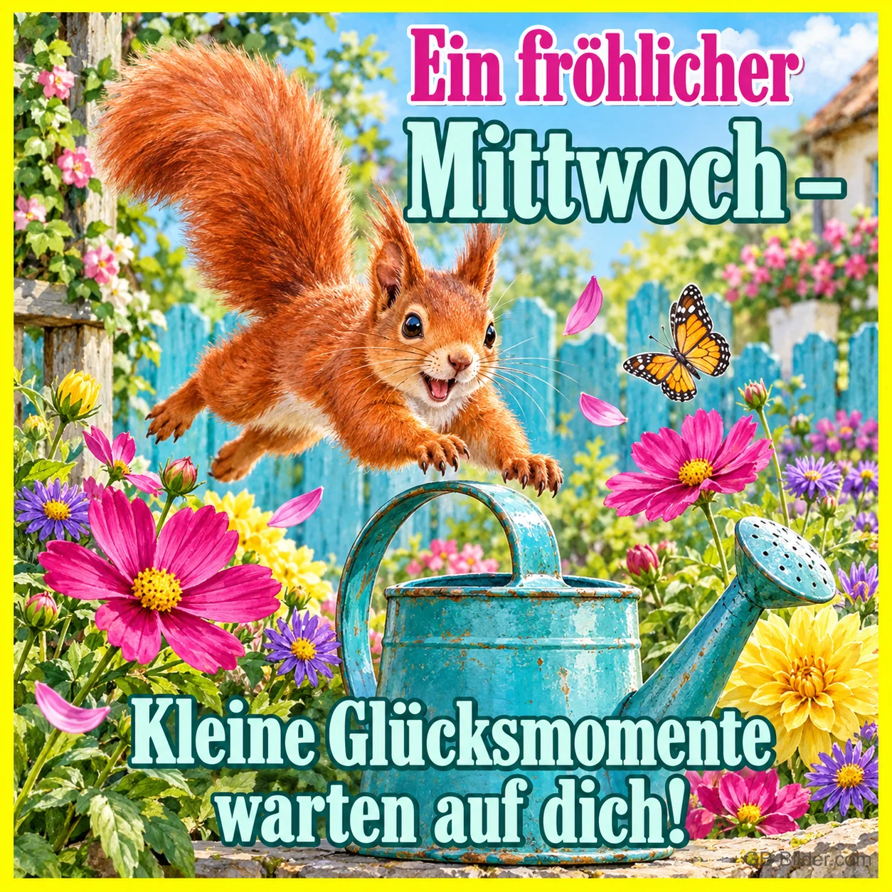 Eichhörnchen springt über eine Gießkanne zwischen bunten Blumen, Text: Ein fröhlicher Mittwoch – Kleine Glücksmomente warten auf dich!