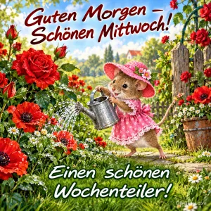 Maus mit rosa Hut und Kleid gießt rote Rosen und Mohn im Garten, Text: Guten Morgen – Schönen Mittwoch! Einen schönen Wochenteiler!