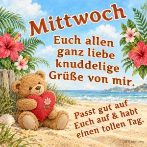 Teddybär hält ein rotes Herz am Sandstrand, Text: Mittwoch – Euch allen ganz liebe knuddelige Grüße von mir. Passt gut auf Euch auf & habt einen tollen Tag.
