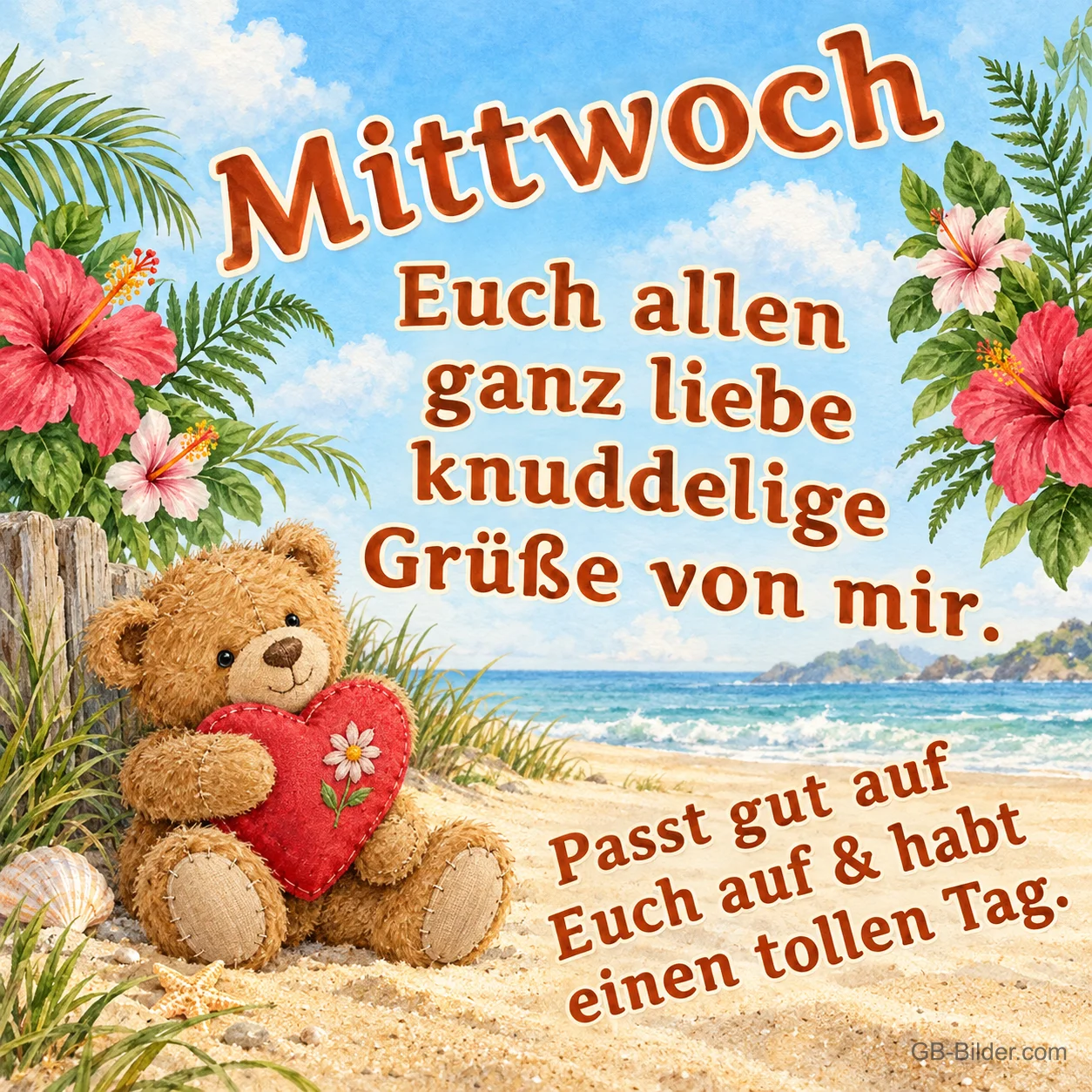 Teddybär hält ein rotes Herz am Sandstrand, Text: Mittwoch – Euch allen ganz liebe knuddelige Grüße von mir. Passt gut auf Euch auf & habt einen tollen Tag.