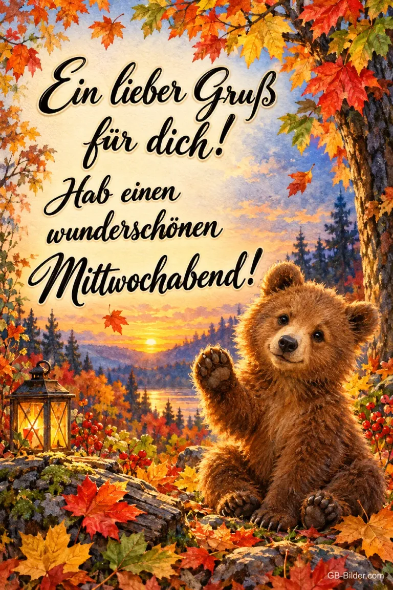 Bärenjunges winkt im Herbstlaub, Text: Ein lieber Gruß für dich! – Hab einen wunderschönen Mittwochabend!