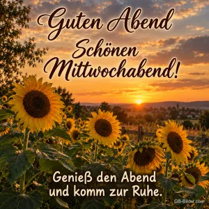 Sonnenblumenfeld im Abendrot, Text: Guten Abend – Schönen Mittwochabend! Genieß den Abend und komm zur Ruhe.