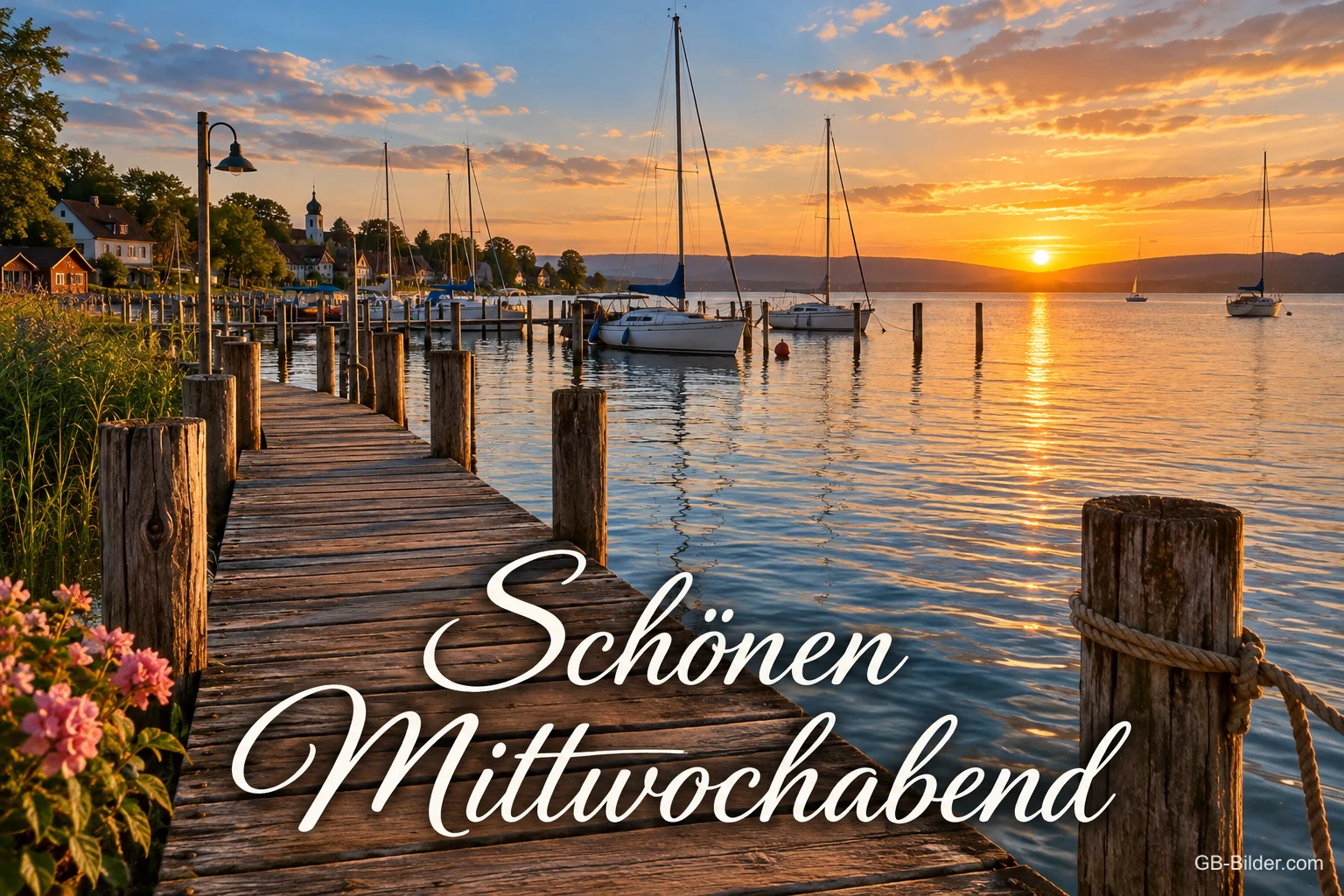 Holzsteg und Segelboote im Sonnenuntergang, Text: Schönen Mittwochabend Holzsteg und Segelboote im Sonnenuntergang, Text: Schönen Mittwochabend