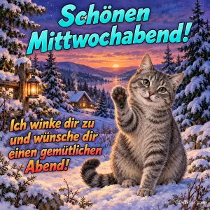 Tigerkatze winkt im verschneiten Wald, Text: Schönen Mittwochabend! – Ich winke dir zu und wünsche dir einen gemütlichen Abend!