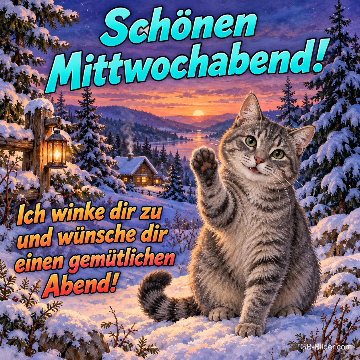 Tigerkatze winkt im verschneiten Wald, Text: Schönen Mittwochabend! – Ich winke dir zu und wünsche dir einen gemütlichen Abend! Tigerkatze winkt im verschneiten Wald, Text: Schönen Mittwochabend! – Ich winke dir zu und wünsche dir einen gemütlichen Abend!
