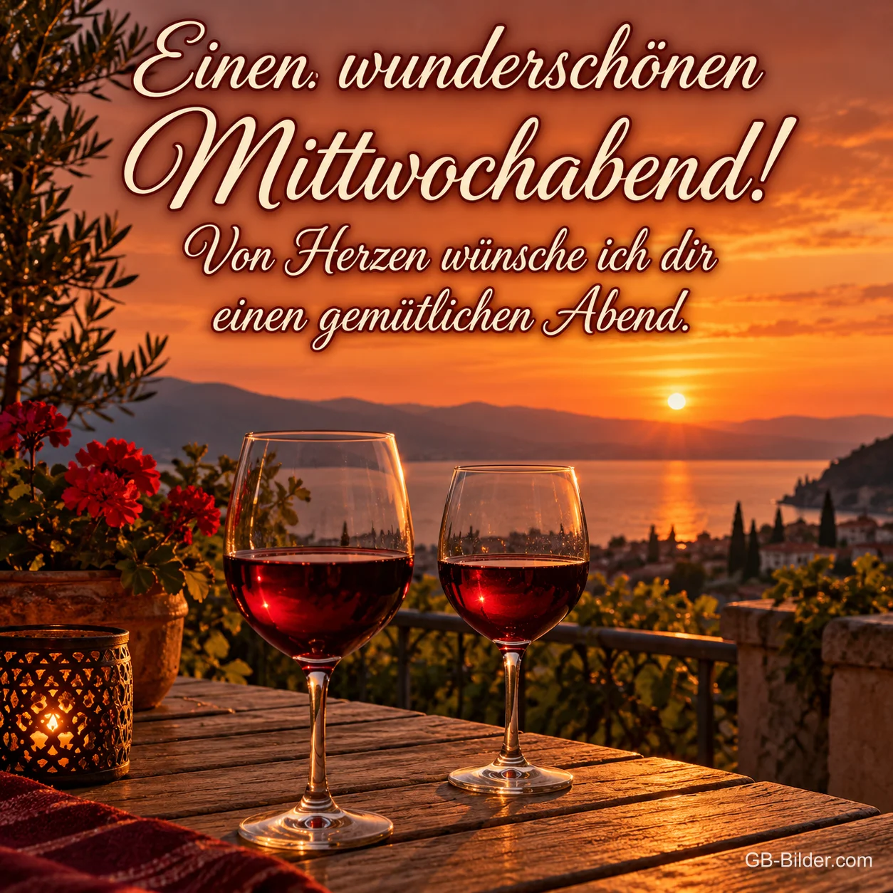Zwei Gläser Rotwein auf einer Terrasse im Sonnenuntergang, Text: Einen wunderschönen Mittwochabend! – Von Herzen wünsche ich dir einen gemütlichen Abend. Zwei Gläser Rotwein auf einer Terrasse im Sonnenuntergang, Text: Einen wunderschönen Mittwochabend! – Von Herzen wünsche ich dir einen gemütlichen Abend.