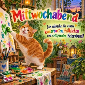 Rote Katze malt mit der Pfote an einer Staffelei, Text: Mittwochabend – Ich wünsche dir einen kunterbunten, fröhlichen und entspannten Feierabend!