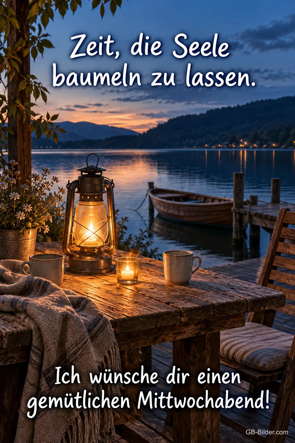 Laterne auf einem Tisch am Steg im Abendlicht, Text: Zeit, die Seele baumeln zu lassen. – Ich wünsche dir einen gemütlichen Mittwochabend! Laterne auf einem Tisch am Steg im Abendlicht, Text: Zeit, die Seele baumeln zu lassen. – Ich wünsche dir einen gemütlichen Mittwochabend!