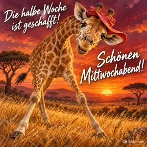 Giraffe mit Hut beugt sich lachend über die Savanne im Abendrot, Text: Die halbe Woche ist geschafft! – Schönen Mittwochabend!