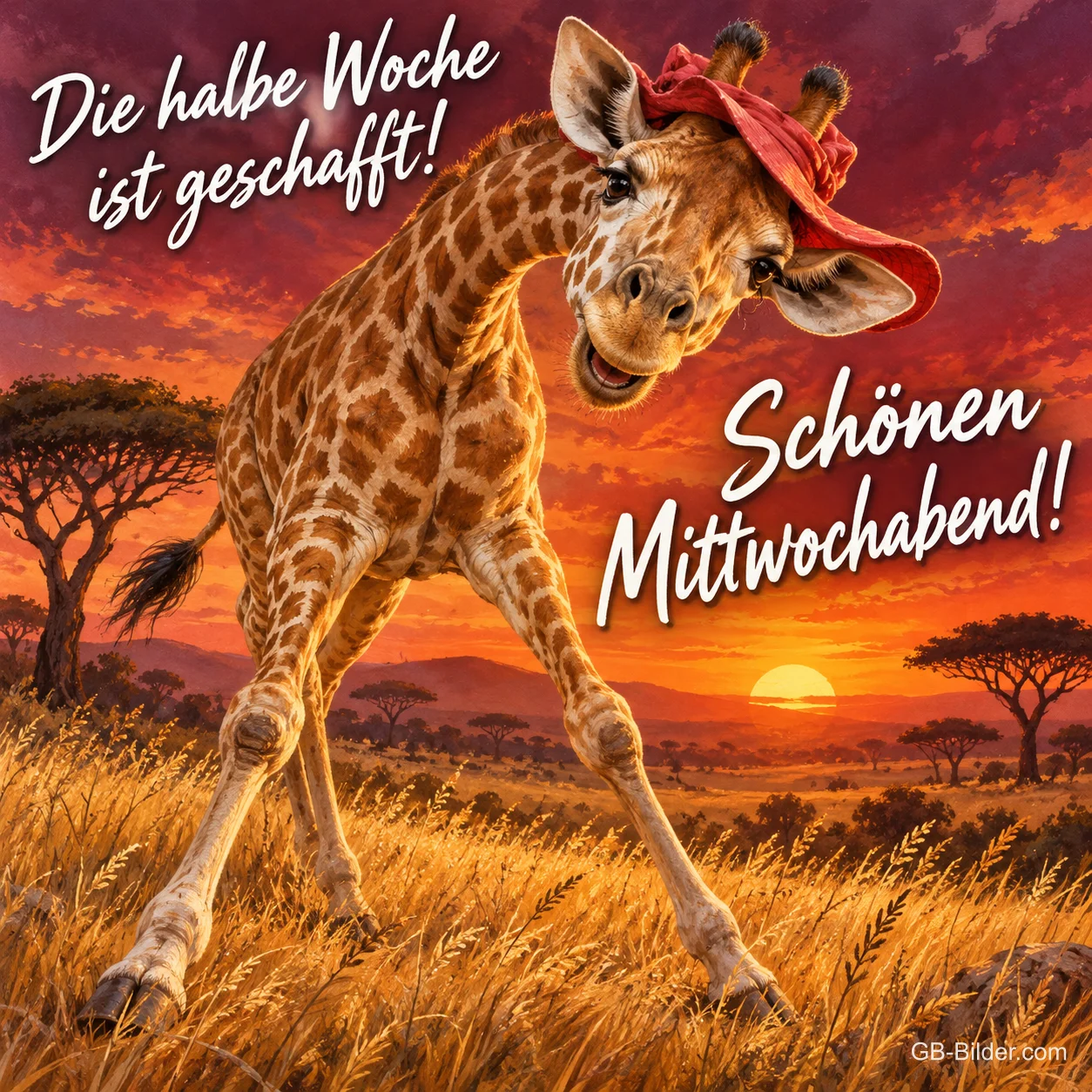 Giraffe mit Hut beugt sich lachend über die Savanne im Abendrot, Text: Die halbe Woche ist geschafft! – Schönen Mittwochabend! Giraffe mit Hut beugt sich lachend über die Savanne im Abendrot, Text: Die halbe Woche ist geschafft! – Schönen Mittwochabend!