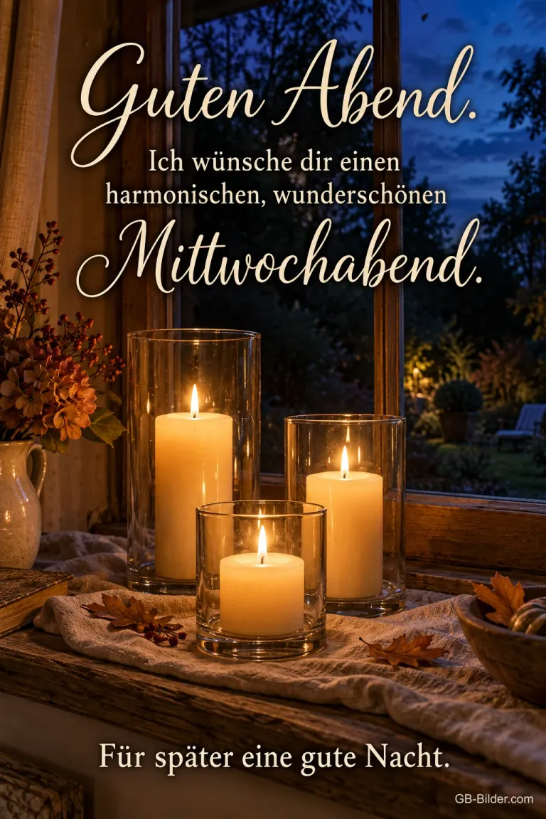 Drei Windlichter auf einer Fensterbank am Abend, Text: Guten Abend. – Ich wünsche dir einen harmonischen, wunderschönen Mittwochabend. Für später eine gute Nacht.