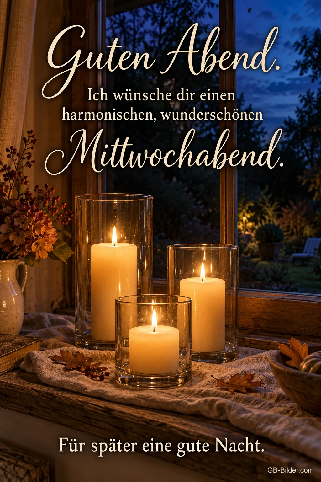 Drei Windlichter auf einer Fensterbank am Abend, Text: Guten Abend. – Ich wünsche dir einen harmonischen, wunderschönen Mittwochabend. Für später eine gute Nacht. Drei Windlichter auf einer Fensterbank am Abend, Text: Guten Abend. – Ich wünsche dir einen harmonischen, wunderschönen Mittwochabend. Für später eine gute Nacht.