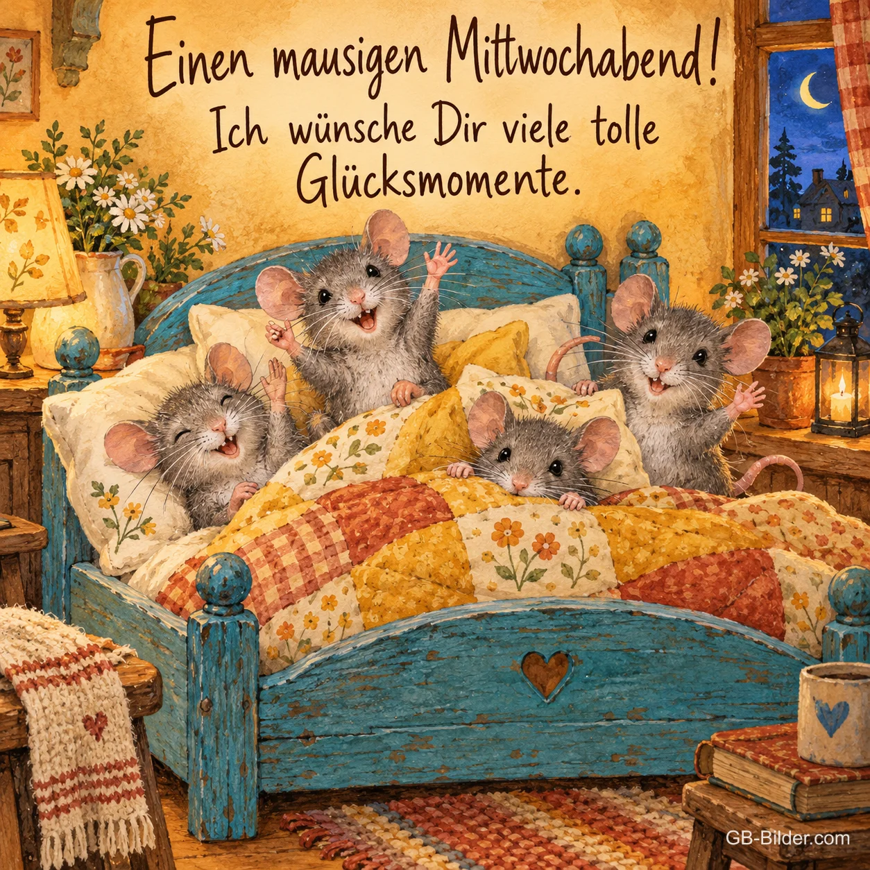 Mäusefamilie winkt fröhlich aus einem Bett, Text: Einen mausigen Mittwochabend! – Ich wünsche dir viele tolle Glücksmomente. Mäusefamilie winkt fröhlich aus einem Bett, Text: Einen mausigen Mittwochabend! – Ich wünsche dir viele tolle Glücksmomente.