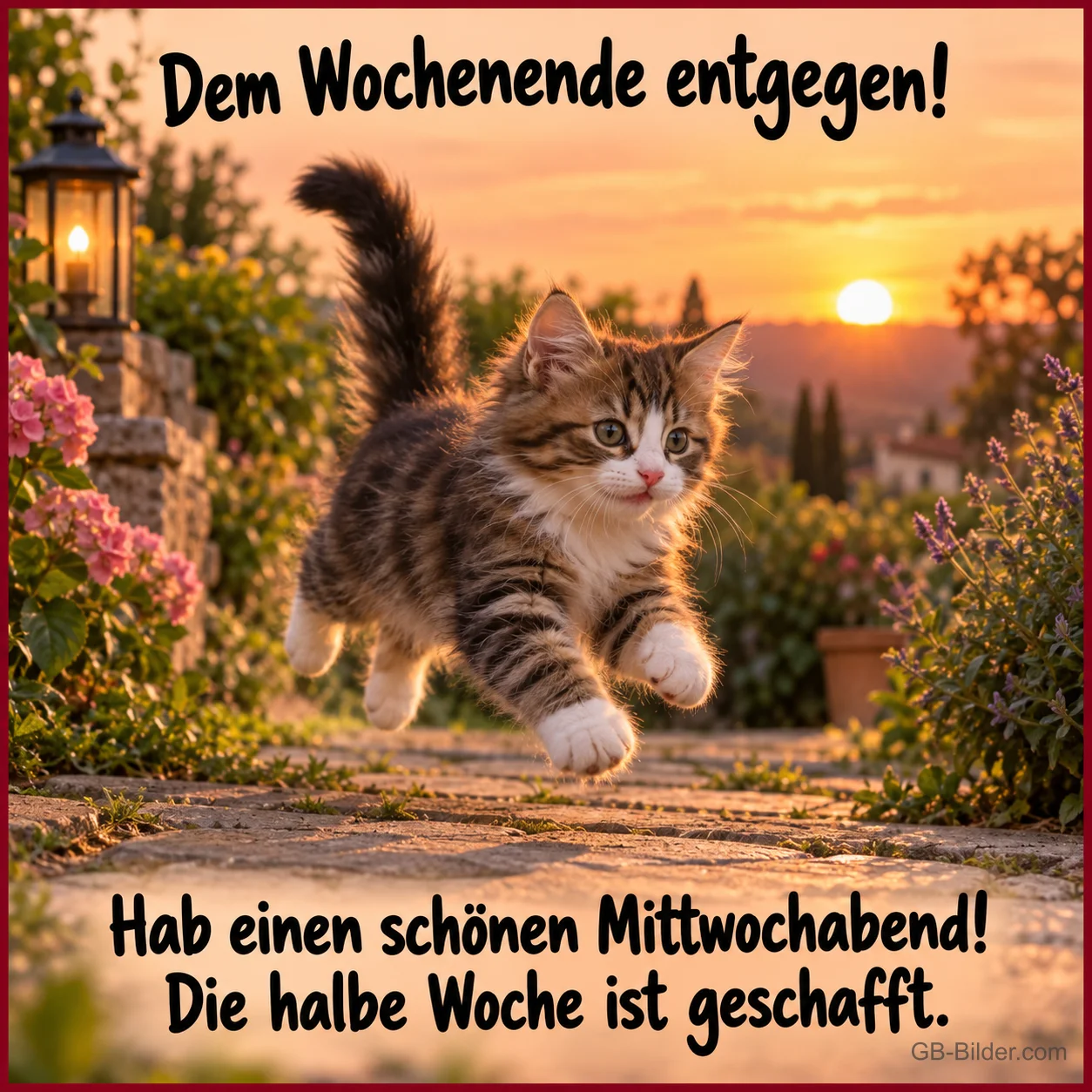 Kätzchen läuft einen Gartenweg im Abendlicht entlang, Text: Dem Wochenende entgegen! – Hab einen schönen Mittwochabend! Die halbe Woche ist geschafft. Kätzchen läuft einen Gartenweg im Abendlicht entlang, Text: Dem Wochenende entgegen! – Hab einen schönen Mittwochabend! Die halbe Woche ist geschafft.