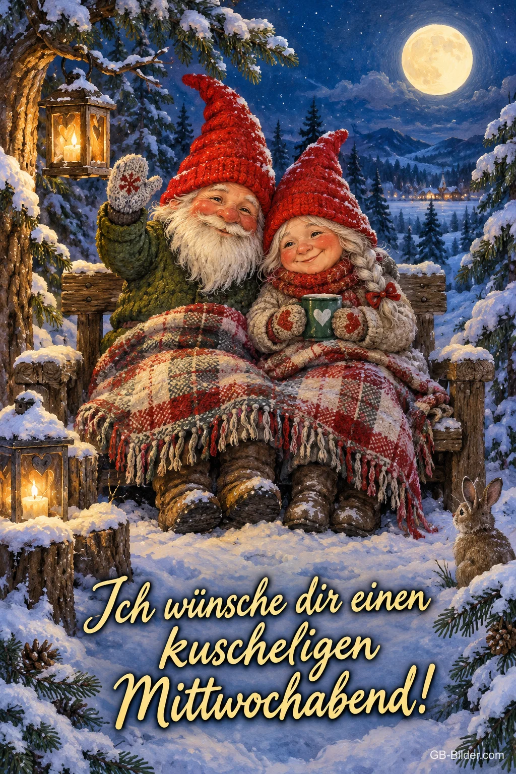 Wichtelpaar kuschelt unter einer Decke im verschneiten Wald, Text: Ich wünsche dir einen kuscheligen Mittwochabend! Wichtelpaar kuschelt unter einer Decke im verschneiten Wald, Text: Ich wünsche dir einen kuscheligen Mittwochabend!