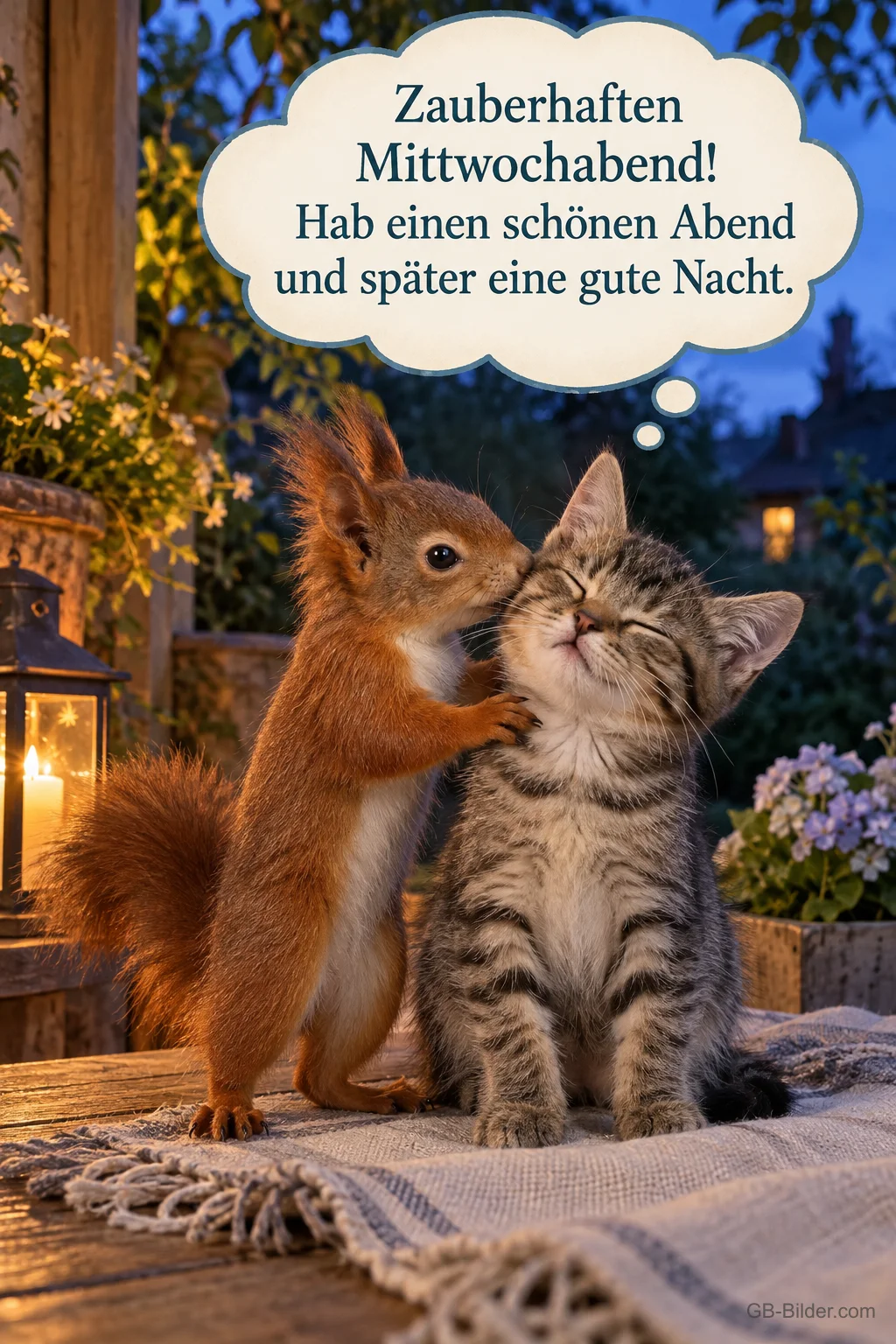 Eichhörnchen gibt einem Kätzchen ein Küsschen bei Kerzenlicht, Text: Zauberhaften Mittwochabend! – Hab einen schönen Abend und später eine gute Nacht. Eichhörnchen gibt einem Kätzchen ein Küsschen bei Kerzenlicht, Text: Zauberhaften Mittwochabend! – Hab einen schönen Abend und später eine gute Nacht.