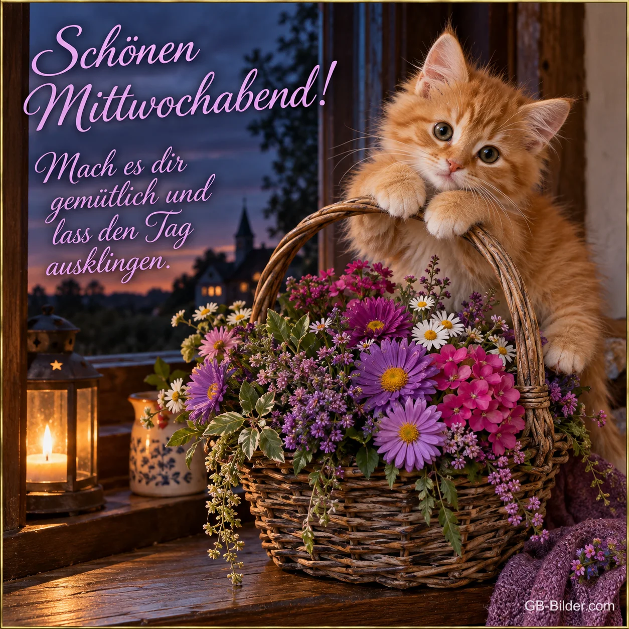 Rotes Kätzchen schaut aus einem Korb voller Astern, Text: Schönen Mittwochabend! – Mach es dir gemütlich und lass den Tag ausklingen. Rotes Kätzchen schaut aus einem Korb voller Astern, Text: Schönen Mittwochabend! – Mach es dir gemütlich und lass den Tag ausklingen.