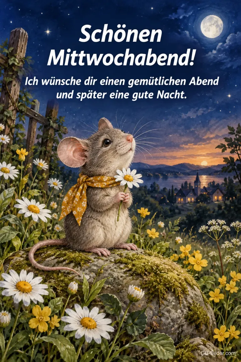Maus mit Halstuch und Blume auf einem Stein im Abendlicht, Text: Schönen Mittwochabend! – Ich wünsche dir einen gemütlichen Abend und später eine gute Nacht.