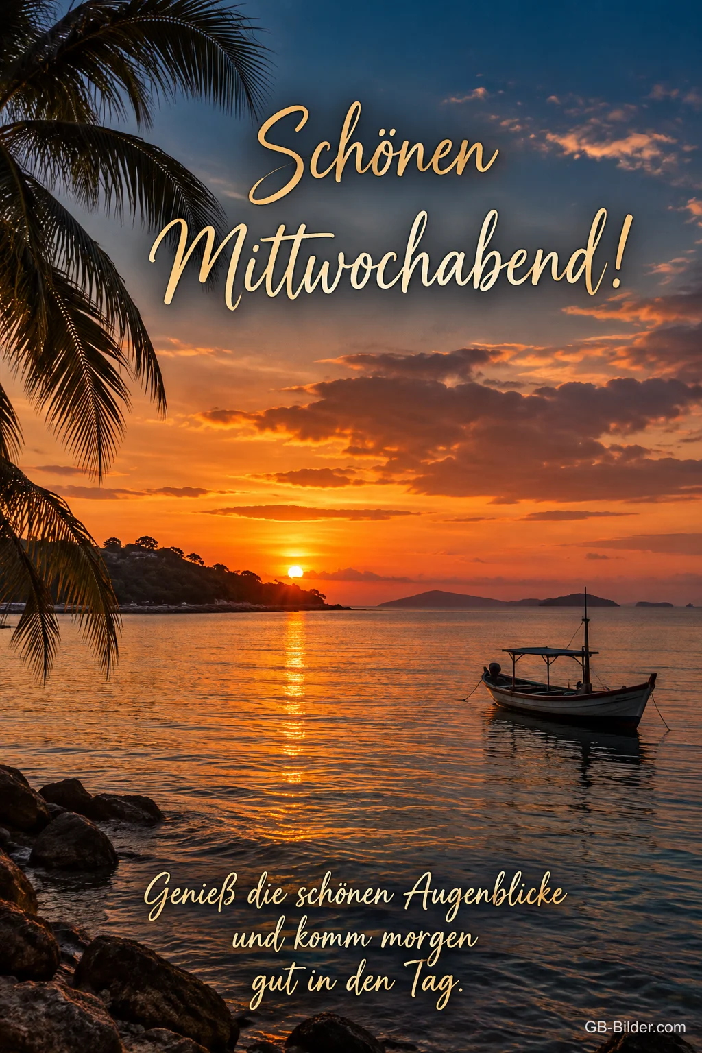Sonnenuntergang über einer Bucht mit Boot und Palmen, Text: Schönen Mittwochabend! – Genieß die schönen Augenblicke und komm morgen gut in den Tag. Sonnenuntergang über einer Bucht mit Boot und Palmen, Text: Schönen Mittwochabend! – Genieß die schönen Augenblicke und komm morgen gut in den Tag.
