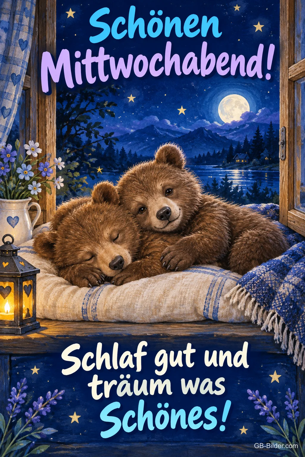 Zwei Bärenjunge schlafen auf einem Kissen am Fenster unter dem Mond, Text: Schönen Mittwochabend! – Schlaf gut und träum was Schönes! Zwei Bärenjunge schlafen auf einem Kissen am Fenster unter dem Mond, Text: Schönen Mittwochabend! – Schlaf gut und träum was Schönes!