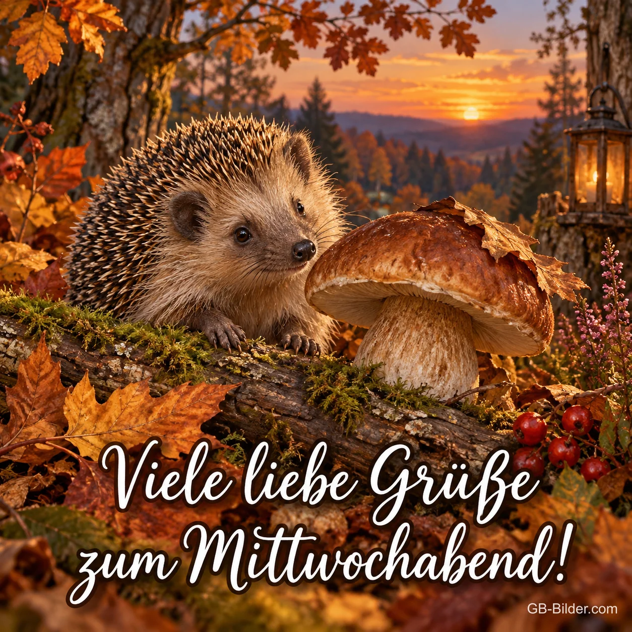 Igel neben einem Steinpilz im Herbstwald bei Sonnenuntergang, Text: Viele liebe Grüße – zum Mittwochabend! Igel neben einem Steinpilz im Herbstwald bei Sonnenuntergang, Text: Viele liebe Grüße – zum Mittwochabend!