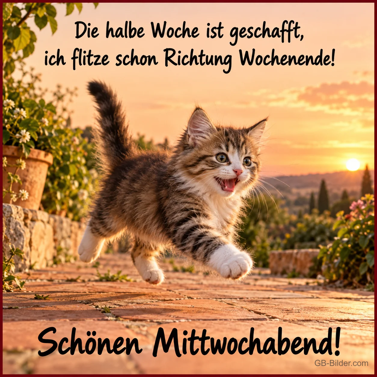 Getigertes Kätzchen rennt über eine Terrasse im Sonnenuntergang, Text: Die halbe Woche ist geschafft, – ich flitze schon Richtung Wochenende! Schönen Mittwochabend! Getigertes Kätzchen rennt über eine Terrasse im Sonnenuntergang, Text: Die halbe Woche ist geschafft, – ich flitze schon Richtung Wochenende! Schönen Mittwochabend!