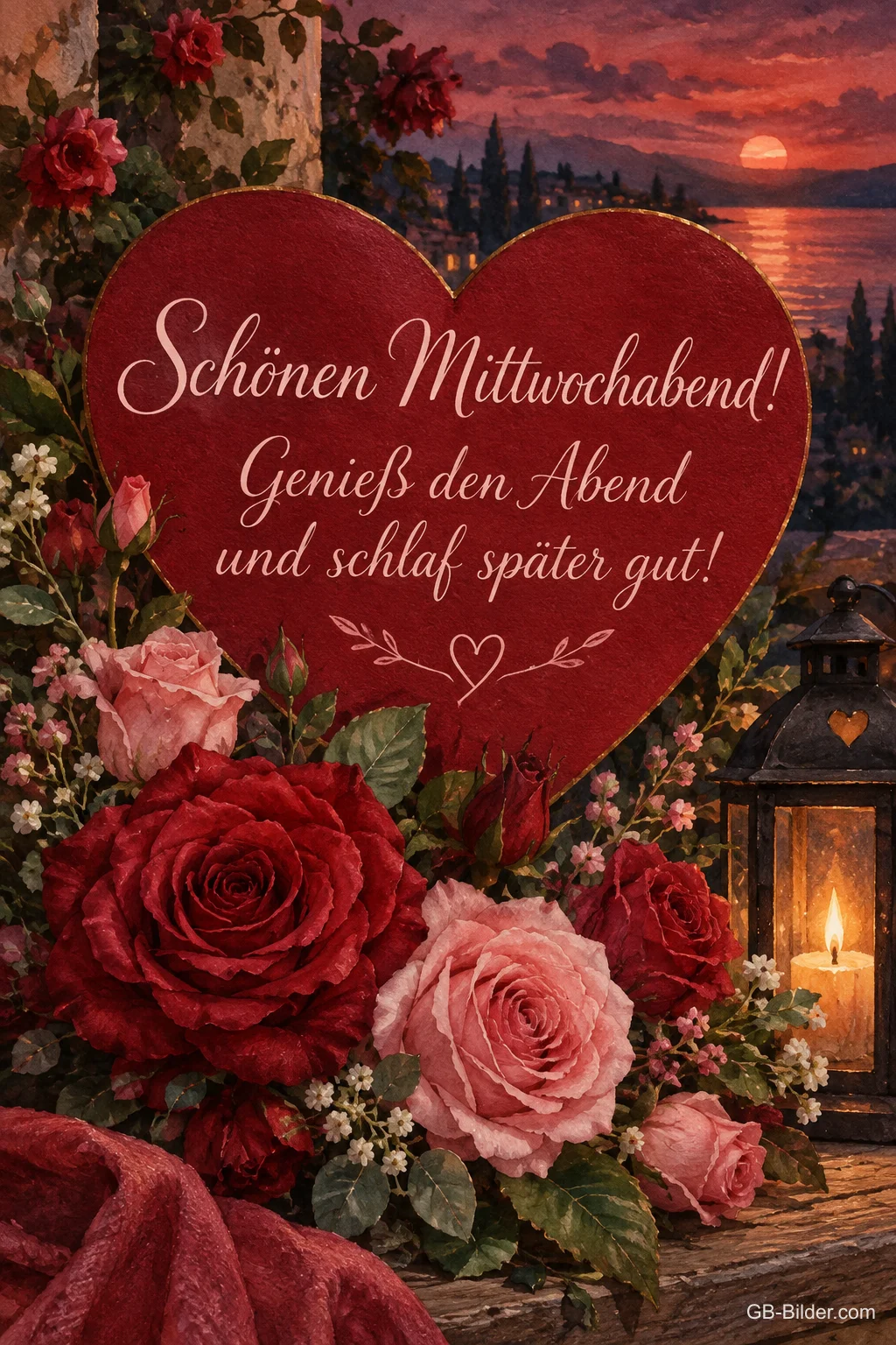 Rotes Herz zwischen Rosen und Laterne am See, Text: Schönen Mittwochabend! – Genieß den Abend und schlaf später gut! Rotes Herz zwischen Rosen und Laterne am See, Text: Schönen Mittwochabend! – Genieß den Abend und schlaf später gut!