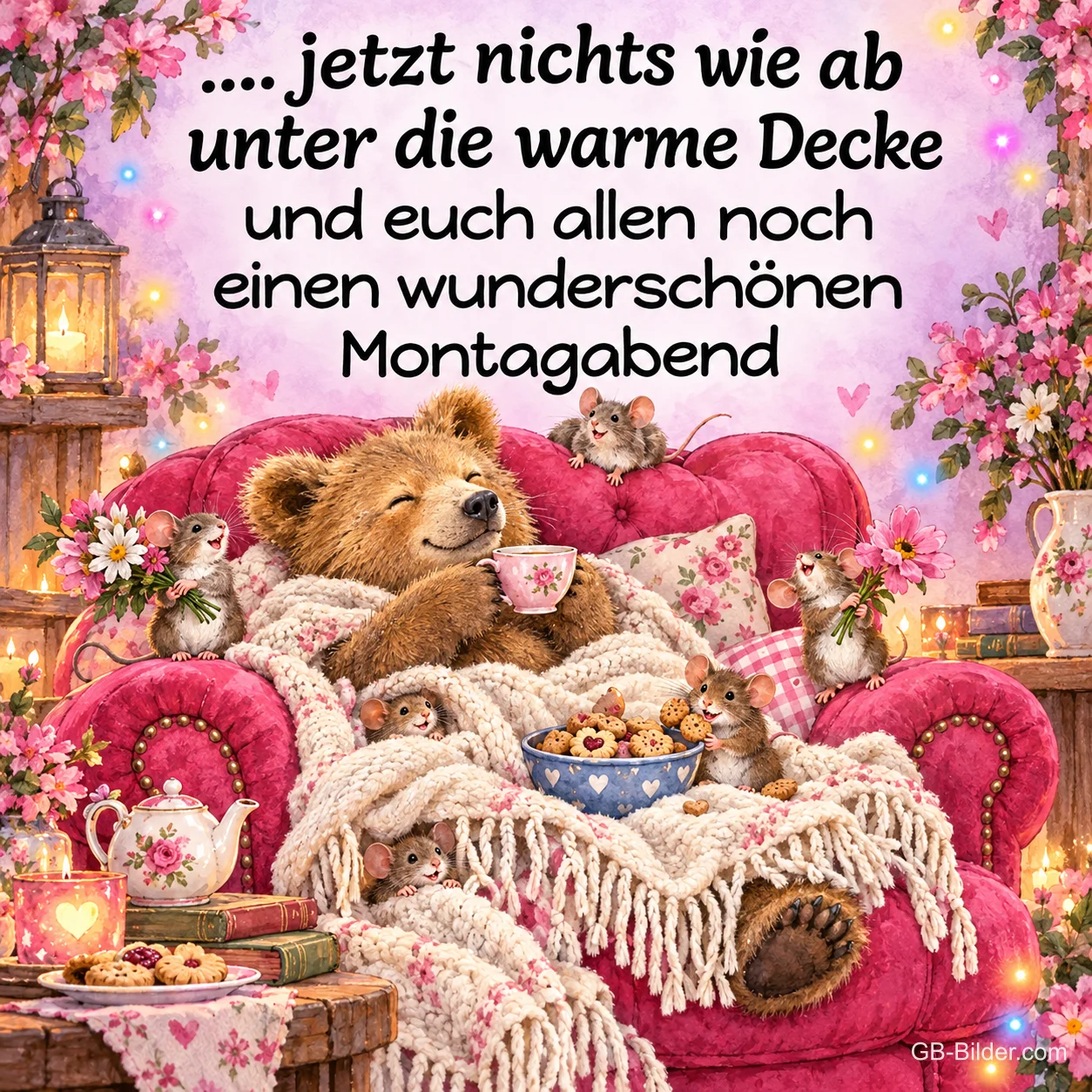 Bär sitzt mit Tee und Keksen unter einer Decke im Sessel, umringt von Mäusen, Text: .... jetzt nichts wie ab unter die warme Decke und euch allen noch einen wunderschönen Montagabend Bär sitzt mit Tee und Keksen unter einer Decke im Sessel, umringt von Mäusen, Text: .... jetzt nichts wie ab unter die warme Decke und euch allen noch einen wunderschönen Montagabend