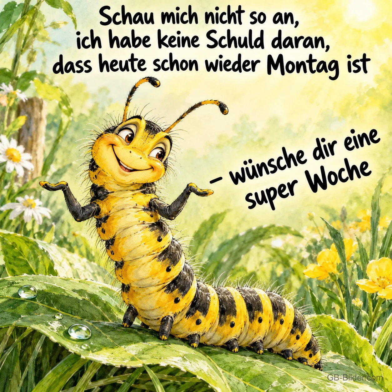 Grinsende Raupe zuckt mit den Schultern auf einem Blatt, Text: Schau mich nicht so an, ich habe keine Schuld daran, dass heute schon wieder Montag ist – wünsche dir eine super Woche
