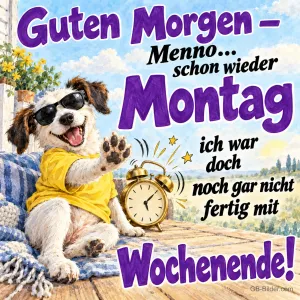 Hund mit Sonnenbrille und gelbem T-Shirt wehrt den Wecker ab, Text: Guten Morgen – Menno... schon wieder Montag ich war doch noch gar nicht fertig mit Wochenende!